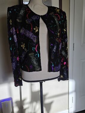 Laurence Kazar 2000 Black Sequin Embellished Open-Front Blazer